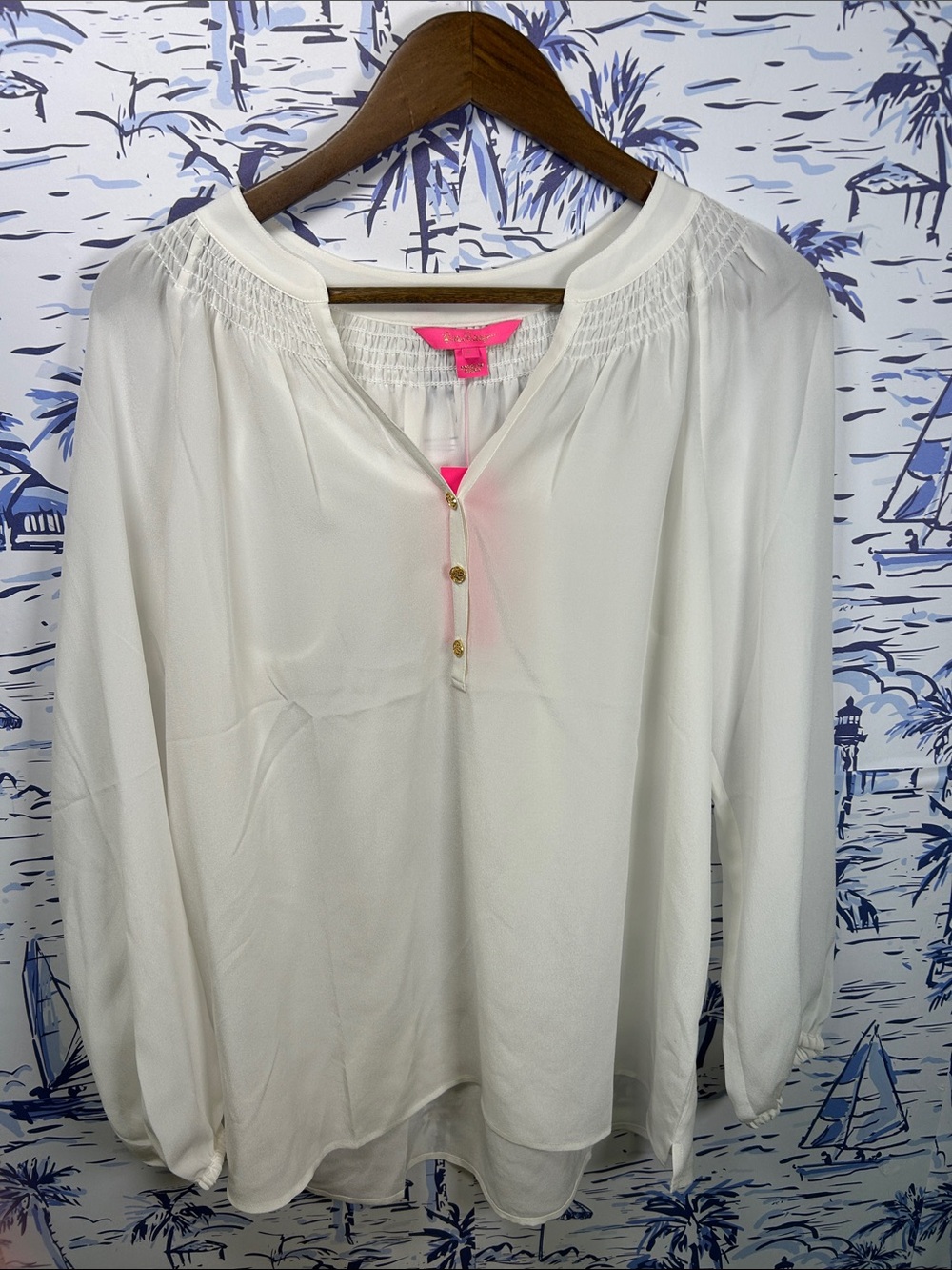 Lilly Pulitzer White Smocked Yoke Long Sleeve Blouse
